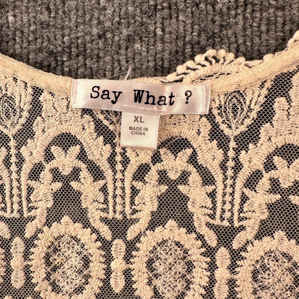 Say What? Women XL Beige Floral Lace Open Front Vest Macrame Fringe Boho Layer - Picture 7 of 9